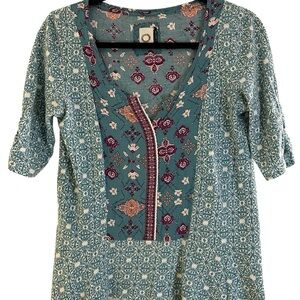 Anthropologie boho festival mixed media artsy eclectic teal purple blouse top